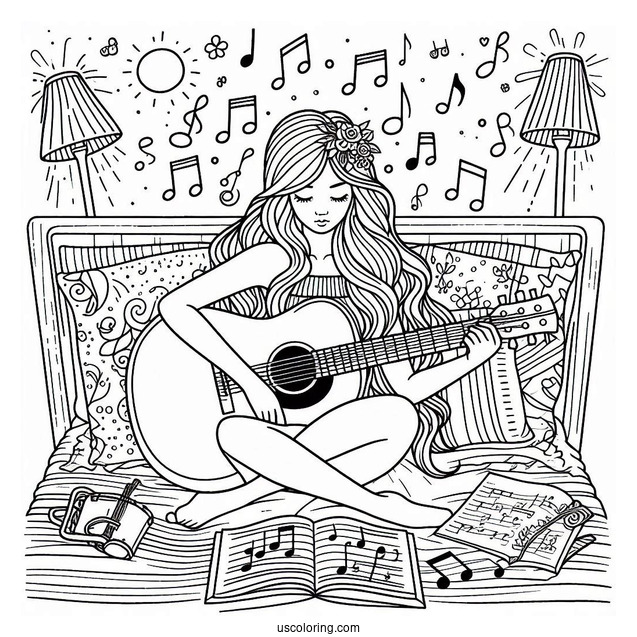 Music Coloring Page Of Woman Playing Acoustic Guitar On Bed