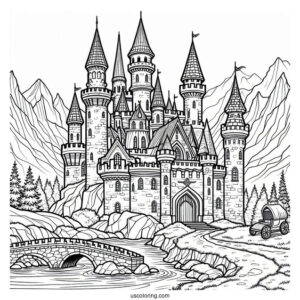 Castle Coloring Page With Moat In The Mountains