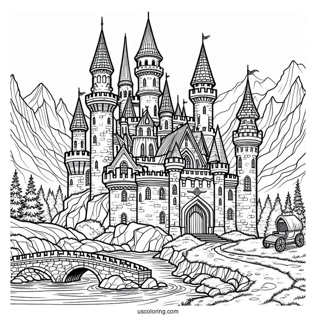Castle Coloring Page With Moat In The Mountains