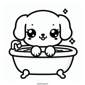 Kawaii Puppy In A Bathtub Coloring Sheet