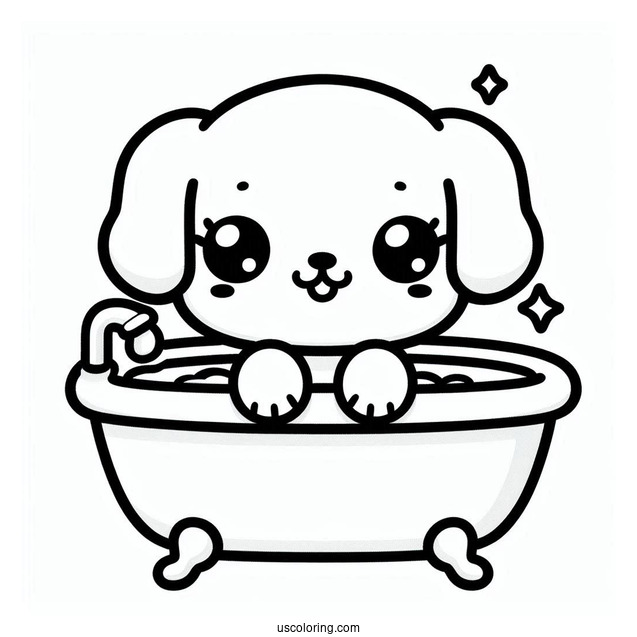 Kawaii Puppy In A Bathtub Coloring Sheet