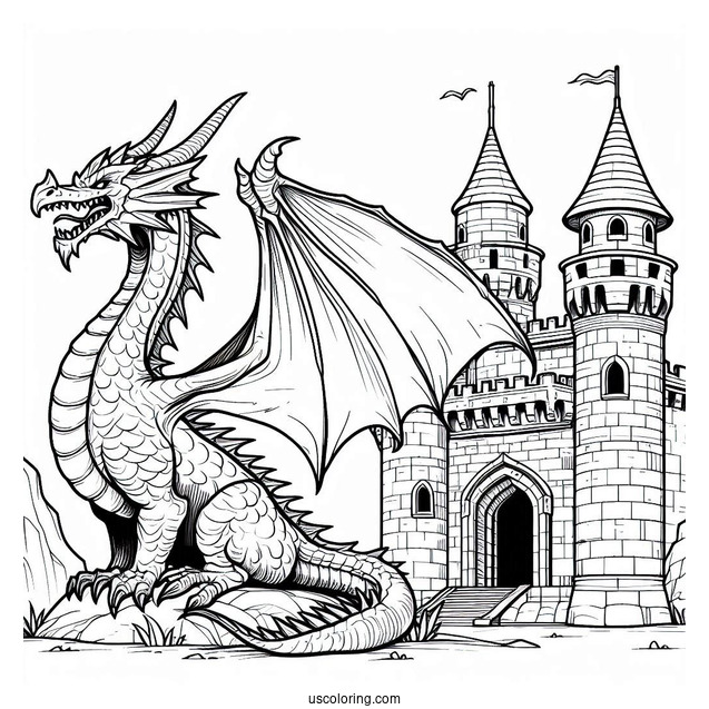 Fierce Looking Dragon Next To Castle