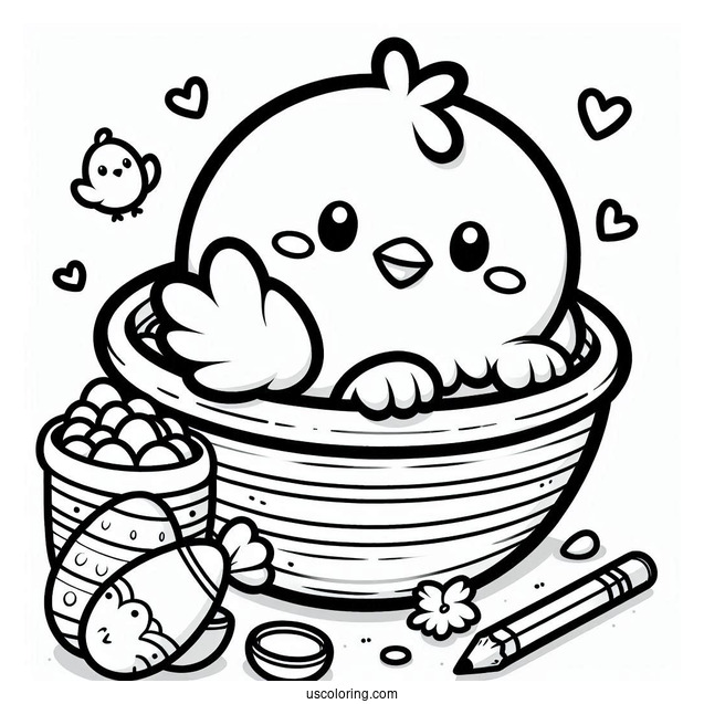 Cute Kawaii Chicken In Bowl To Color