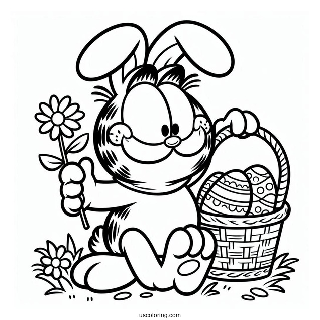 Easter Coloring Page Of Garfield Dressed As Easter Bunny With Basket Of Easter Eggs For Kids