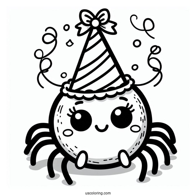 Cartoon Spider Wearing A Birthday Hat Coloring Sheet