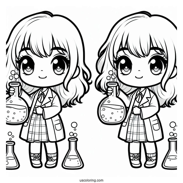 Science Coloring Page Of Kawaii Female Scientists Holding Volumetric Flasks