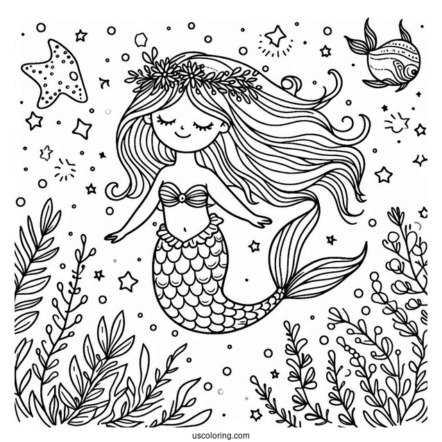 Cute Coloring Page Mermaid Swimming In The Night Sky