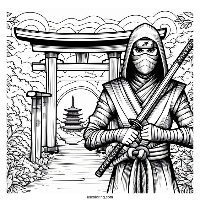 Realistic Ninja In Front Of A Torii Coloring Page