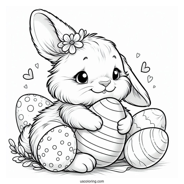 Furry Easter Bunny Coloring Page Hugging Easter Eggs