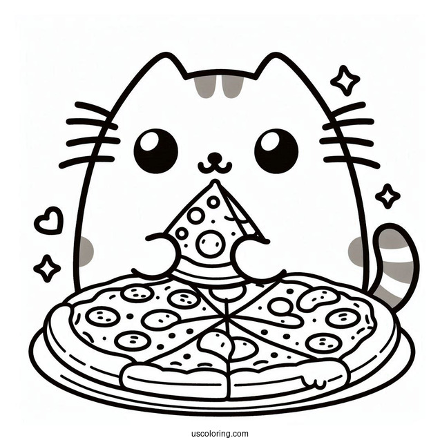 Pusheen Cat Eating Pizza Coloring Page