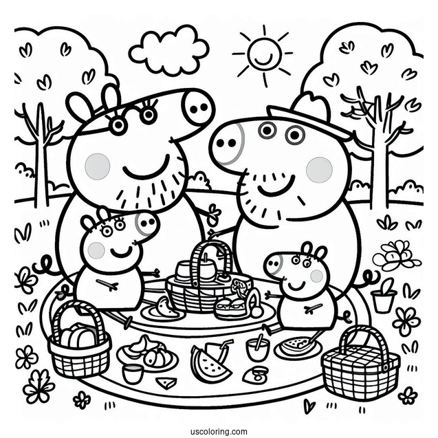 Peppa Pig Family Having A Picnic Coloring Page