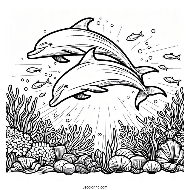 Two Dolphins Swimming On Reef Coloring Page