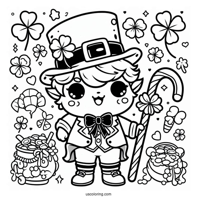 St. Patrick's Day Coloring Page Kawaii Leprechaun With A Cane