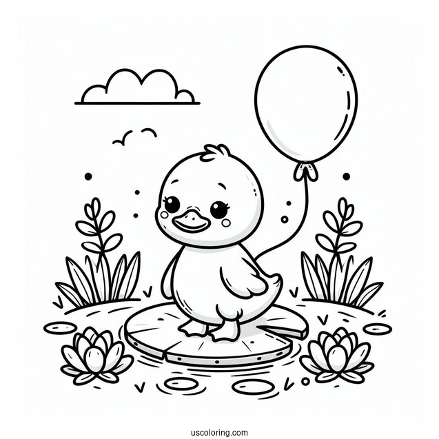 Adorable Duck With Balloon Standing On Lily Pad Coloring Sheet For Preschoolers