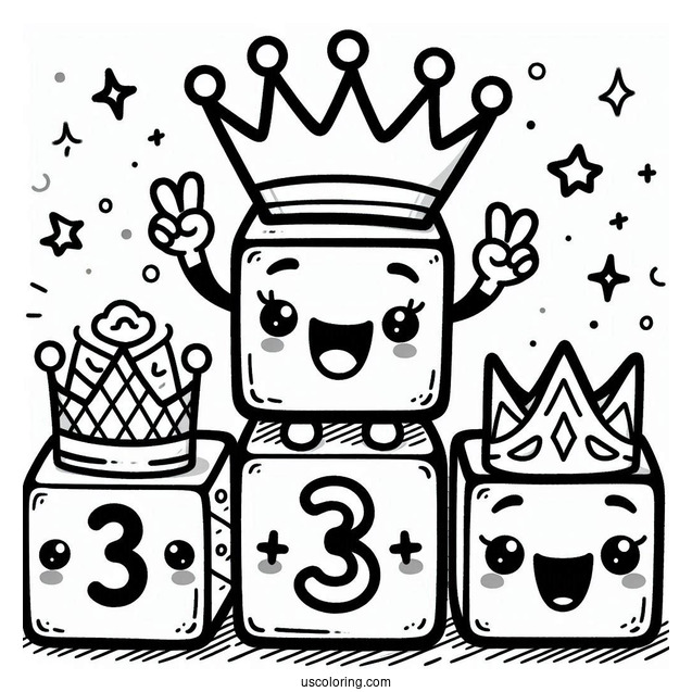 Numberblocks Coloring Page 3 Wearing Crown
