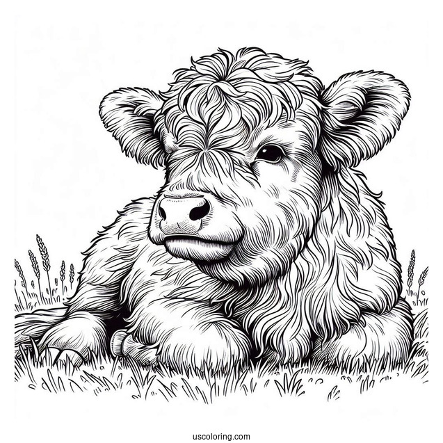 Baby Highland Cow Resting In Field Coloring In