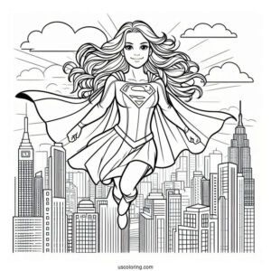Coloring Page Of Supergirl Flying In The City
