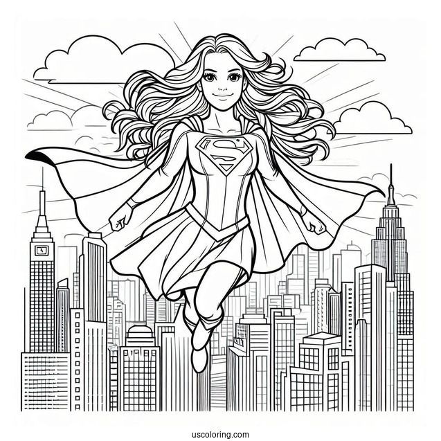 Coloring Page Of Supergirl Flying In The City
