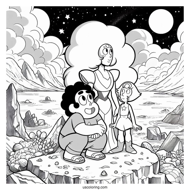 Steven Universe Coloring Page Of Garnet, Amethyst, And Pearl On Cliff with Spinel In The Background