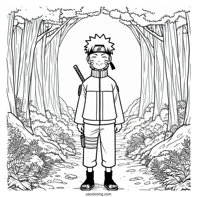 Naruto Coloring Page Of Hinata Hyuga Standing in Forest Path For Kids