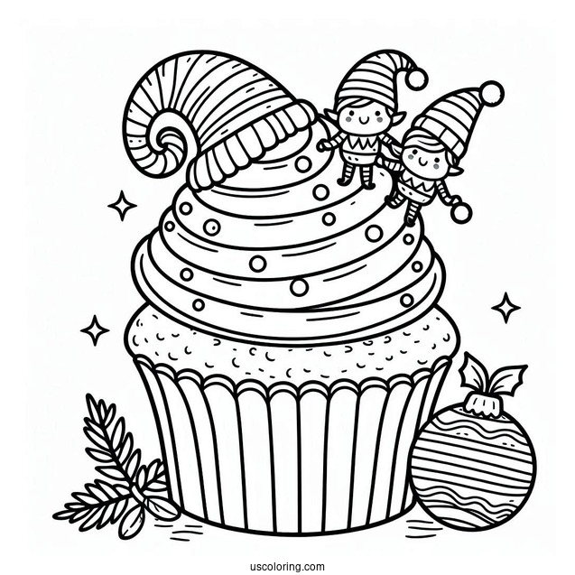 Christmas Themed Cupcake With Elves To Color