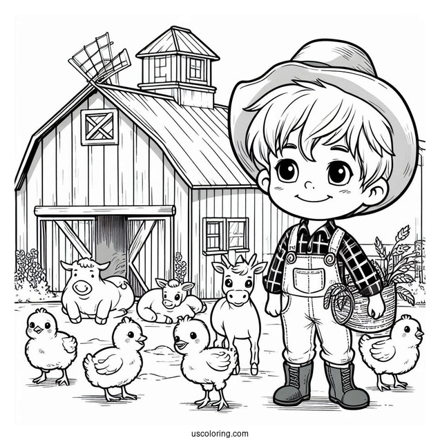 Farmer Boy With Animals Next To Barn