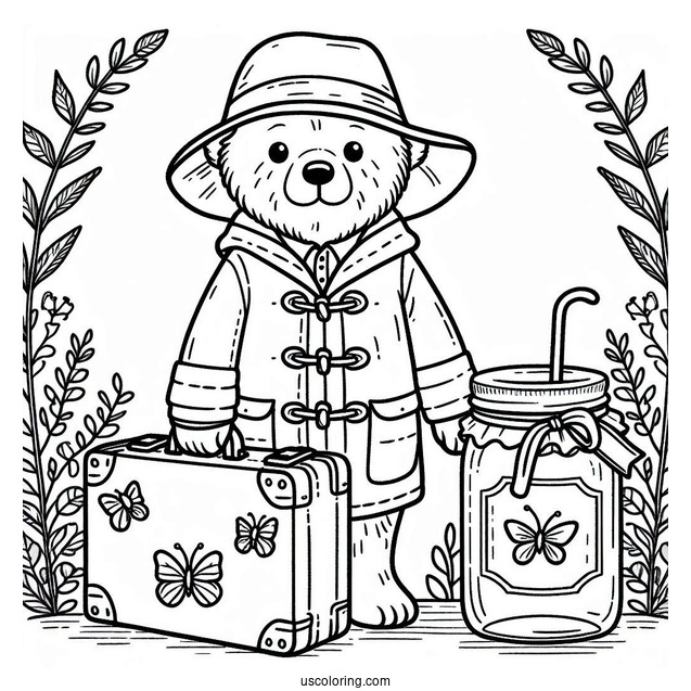 Easy Paddington Coloring Page Outline With Suitcase And Jar For Preschoolers
