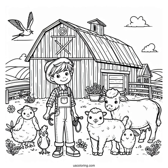 Farmer Boy With Animals Next To Barn