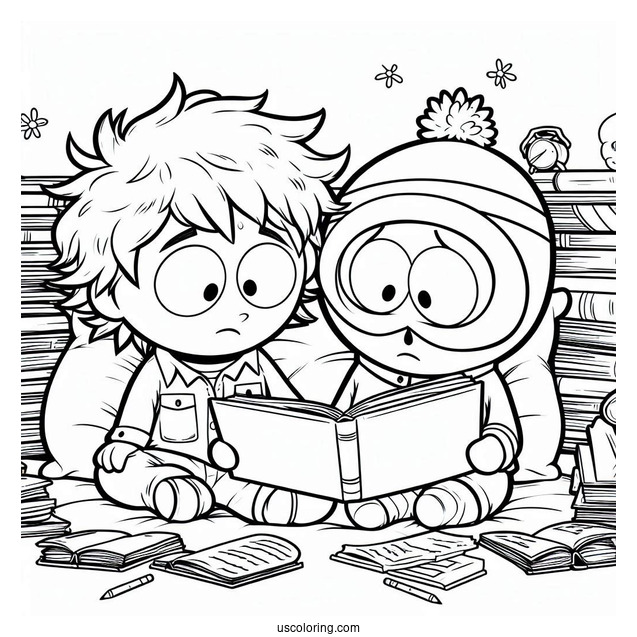 South Park Coloring Page Of Kyle Broflovski And Kenny McCormick Reading Together