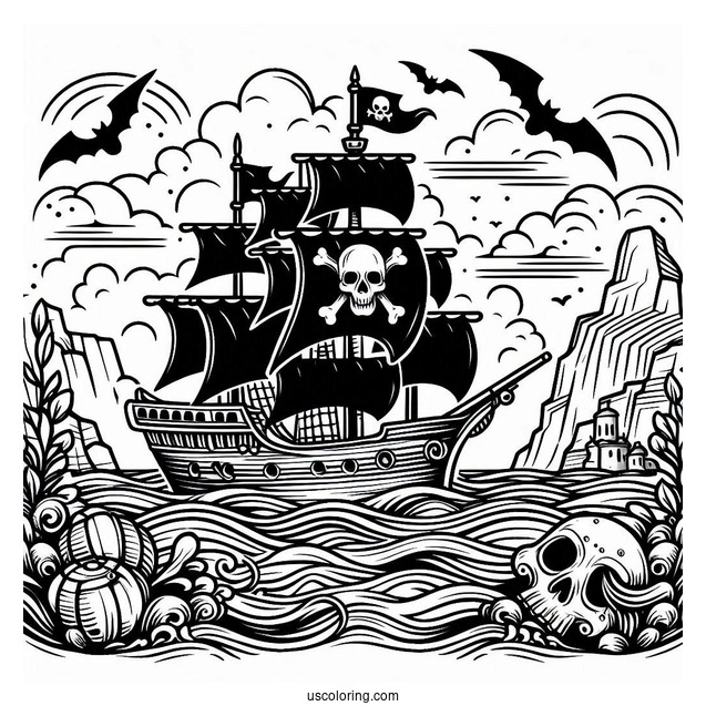 Pirate Ship Coloring Page With Skull On The Sail