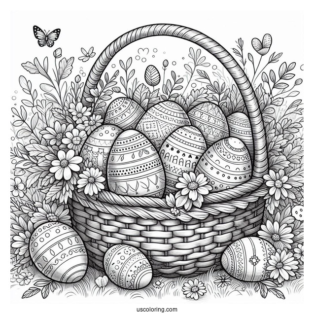 Detailed Basket Filled With Easter Eggs In Garden Coloring Sheet
