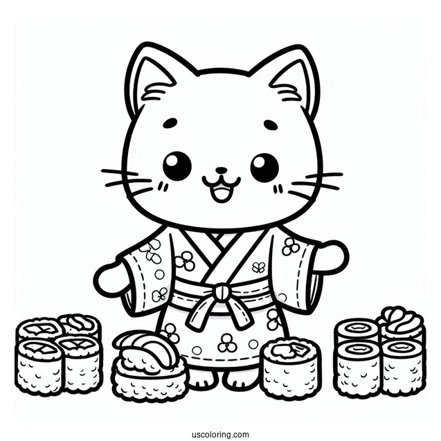 Happy Cat In A Yukata Eating Sushi Coloring Page For Kids