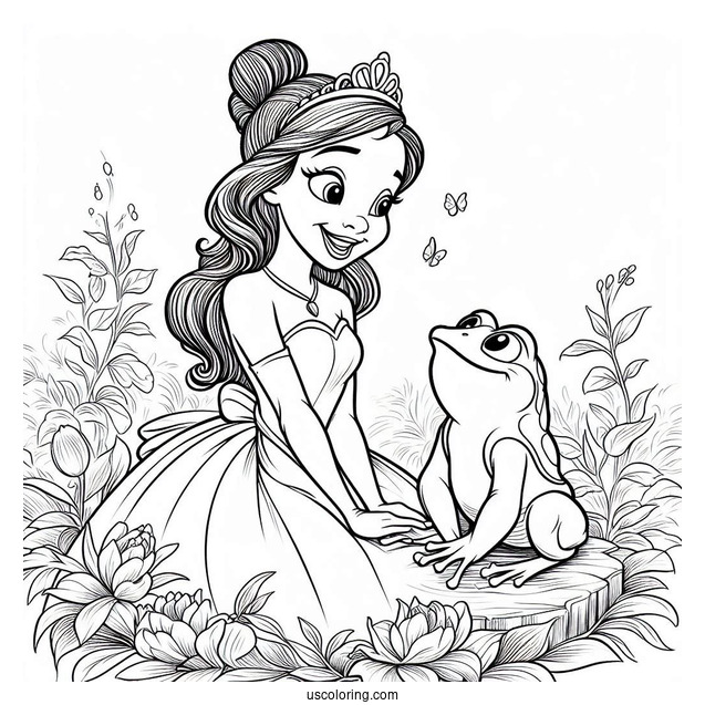 Princess Tiana Smiling At Frog Prince Naveen Coloring Page