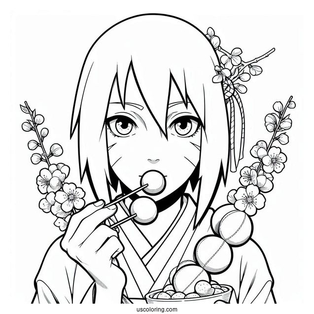 Uchiha Sasuke Coloring Page With Sakura Eating Tricolor Dango