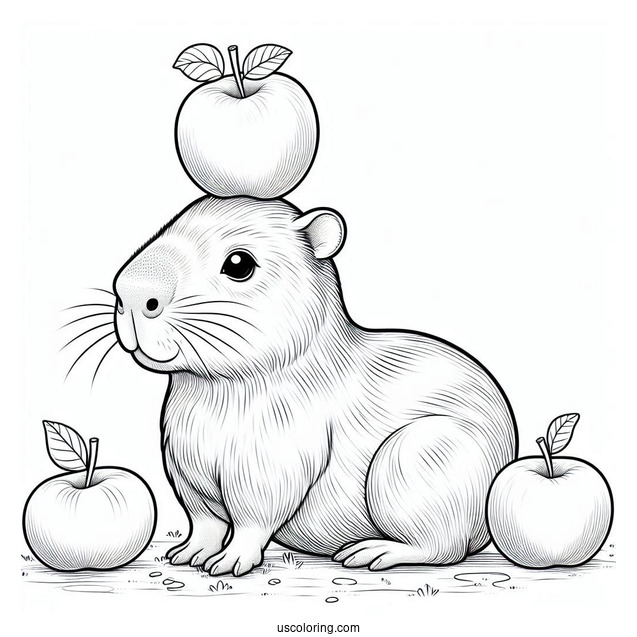 Baby Capybara Coloring Page Balancing Three Apples On Its Head For Kids