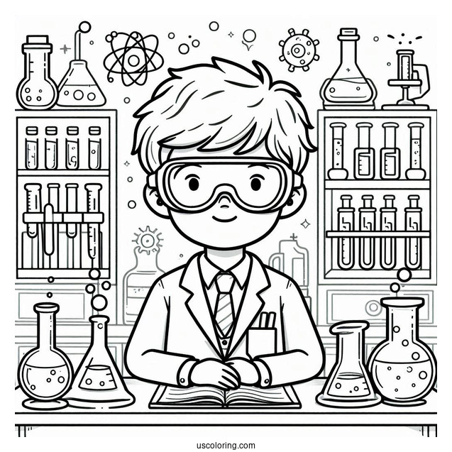 Science Coloring Page Of Boy In Goggles And Lab Coat In A Science Laboratory