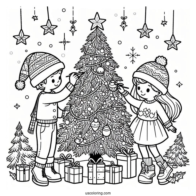 Children Decorating a Christmas Tree To Color