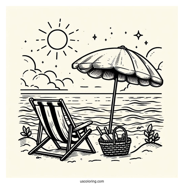 Beach Coloring Page Chair And Umbrella Facing The Sea