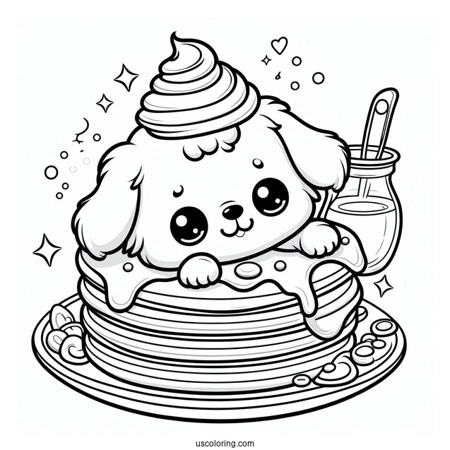 Cartoon Puppy Topping On Fluffy Pancake Coloring Page