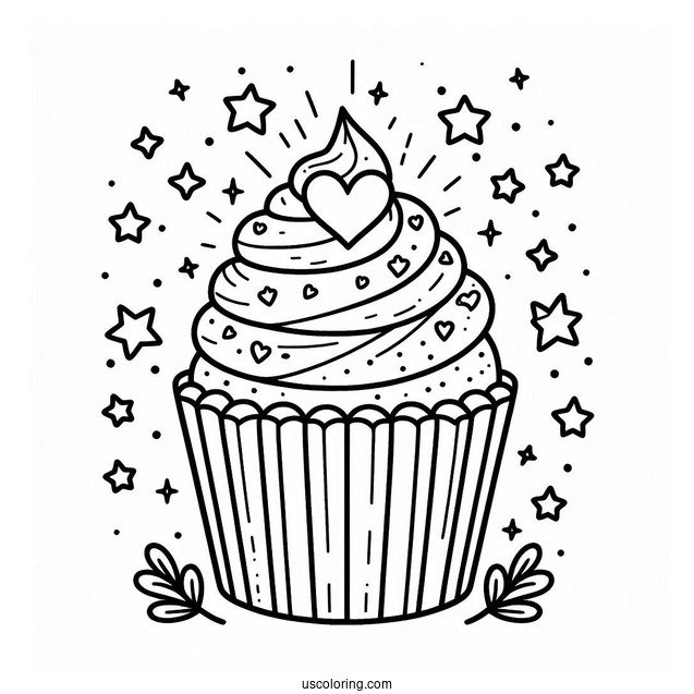Cupcake With Stars And Love Heart To Color