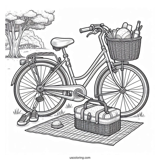 Adult Bicycle Coloring Page Parked Beside Picnic Mat