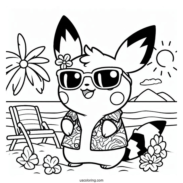 Pichu Coloring Page In Sunglasses And Hawaiian Shirt At The Beach
