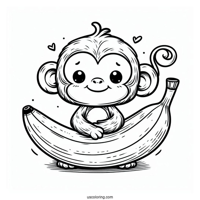 Cute Monkey Hugging A Large Banana Coloring Page