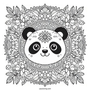 Floral Mandala with Panda Coloring Page Faces and Leaf Border Design For Adults