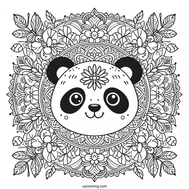 Floral Mandala with Panda Coloring Page Faces and Leaf Border Design For Adults