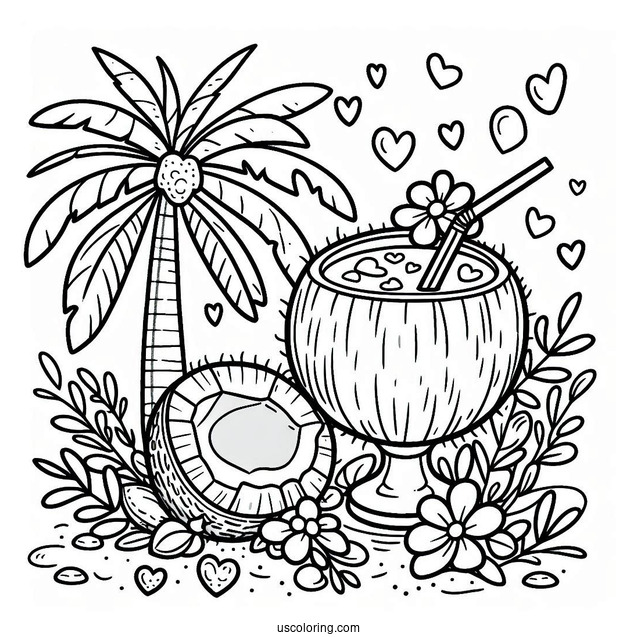 Adorable Coconut Coloring Page Drink With Flowers And Hearts For Kids