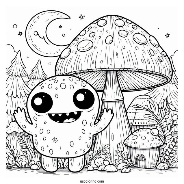 Grinning Monster Standing In Front Of Mushroom Coloring Page Of Houses