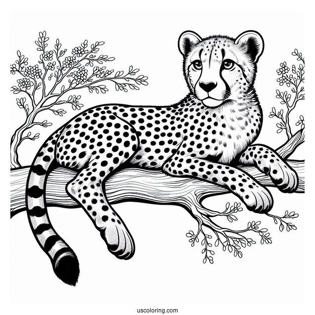 Big Cheetah Coloring Page Resting On A Tree Branch
