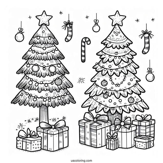 Simple Christmas Tree With Presents Coloring Sheet