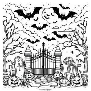 Halloween Graveyard With Bats Coloring Page In The Sky